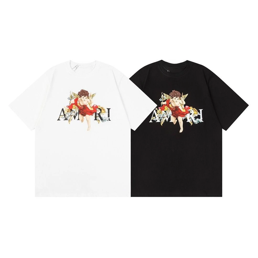 

New AM European and American Trendy Brand Angel Print Summer Round Neck Cotton Versatile Men and Women Street Short-sleeved