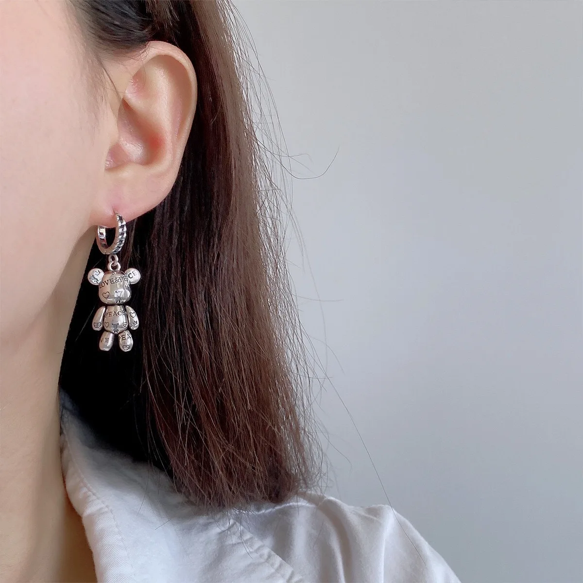 Hot Sell Elegant Asymmetric Bear & Love Heart 925 Silver Needle Ladies Tassels Stud Earrings Jewelry For Women Gifts No Fade