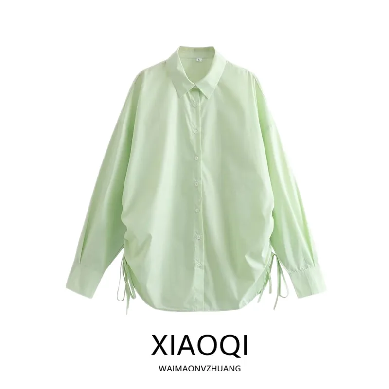 Spring 2024 Women's Loose Fit Long Sve irt Design Sense Slimming Versatile Dstring on Both Sides Faionable Ladies S...