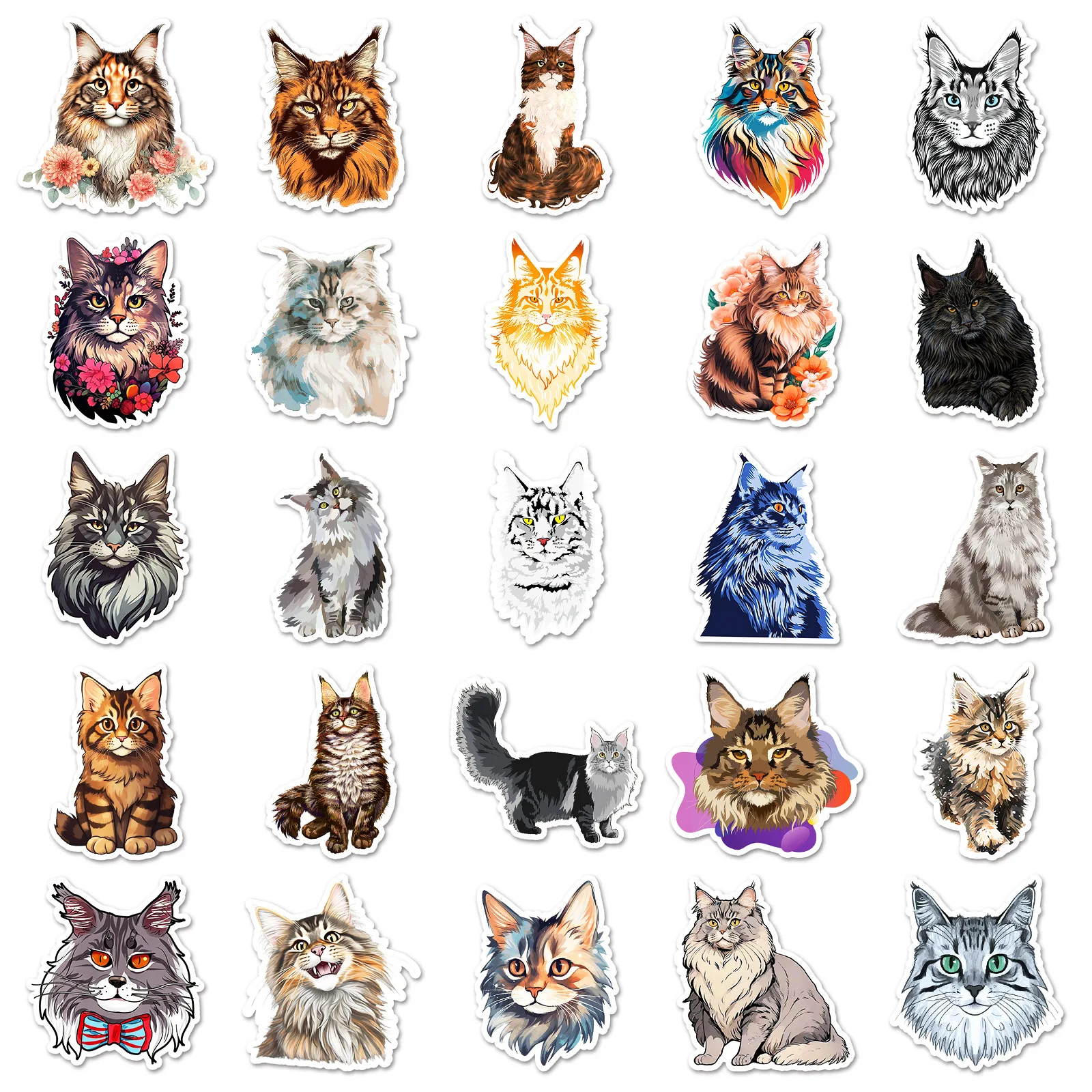 50 STKS Maine Coon Leuke Huisdier Kat Cartoon Dieren Leuke Doodle Decoratieve Laptop Koffer iPad Water Cup Waterdichte Sticker Kinderen Speelgoed