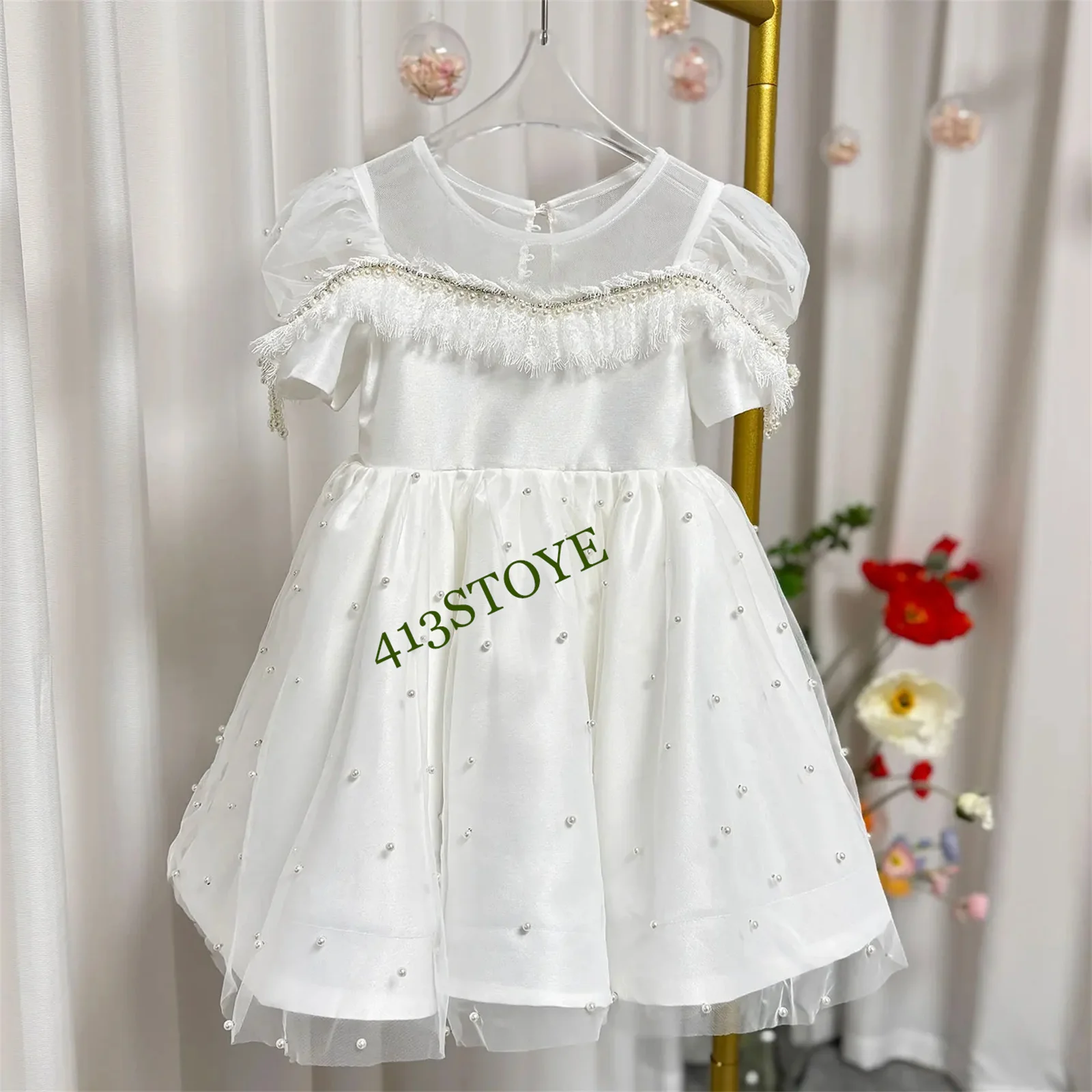 CustomizedElegant White Beaded Girl Dress with Pearls Baby Kids Princess Birthday Wedding Party Children Holiday Ball Gown