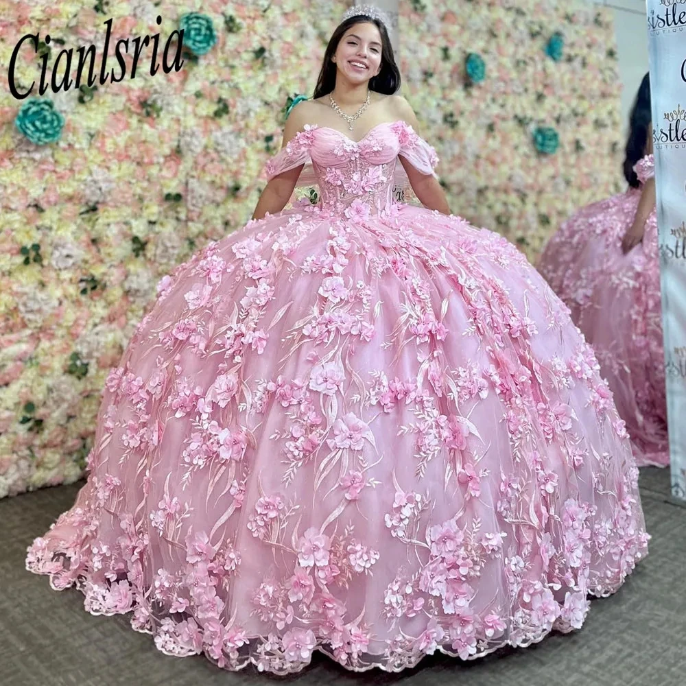 Pink Off The Shoulder Bow Quincenara Dresses Ball Gown Floral Applique Lace Sweet 15 Vestidos De XV Años