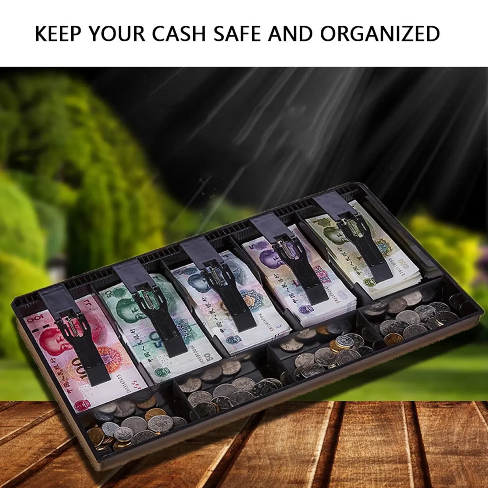 Five Grids Cash Drawer Register Insert Cash Coin Tray Cashier Tidy Storage Safe Box Black Plastic