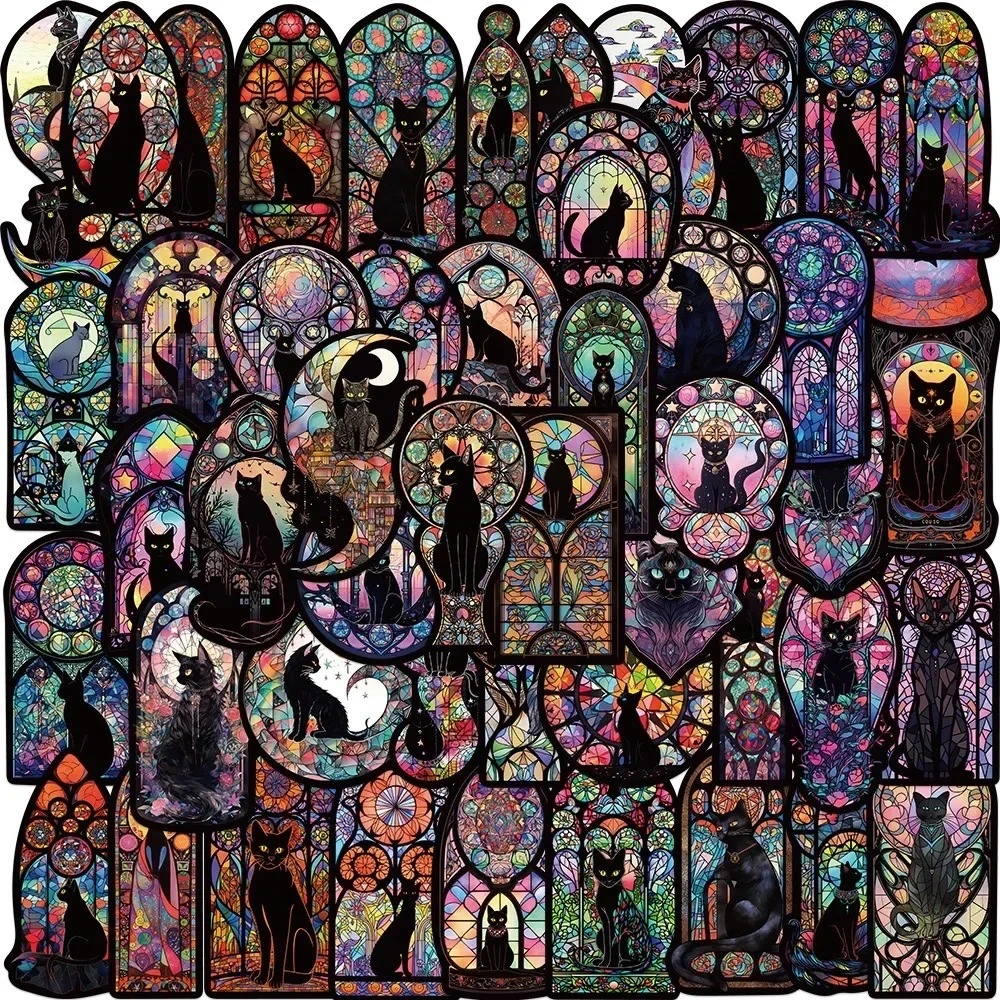 50-Pack Gothic Dark Black Cat Moon Stickers Cool Halloween Tarot Goth Decals Toy Scrapbook Bottle Phone Luggage Car Sticker
