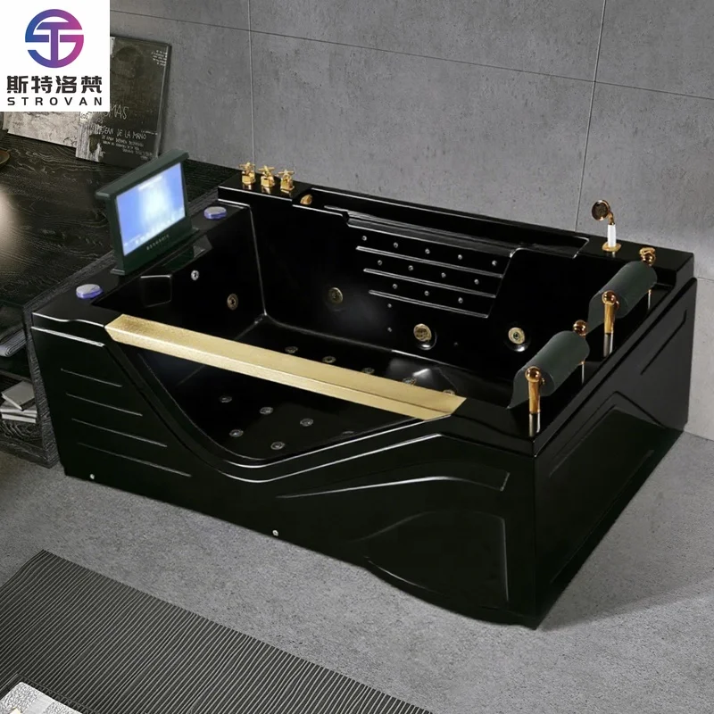 

ZXHK New Traditional Black Acrylic Freestanding Luxury Whirlpool Spa Bathtub 2-Persons Hydromassage 28 Jets Portable Bathroom