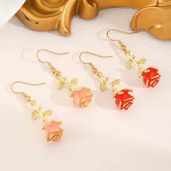Romantic 3D Rose Dangle Earrings for Women Retro Metal Flower Advanced Pendant Earring 2024 Gold Color Fashion Jewelry on Ear