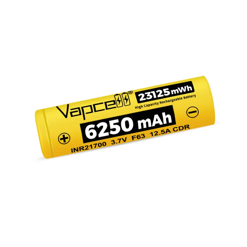 بطارية Vapcell F63 21700 جديدة 6250mah 3.7V 12.5A بطاريات ليثيوم قابلة لإعادة الشحن INR21700 لمصباح يدوي خلية ذات سعة عالية
