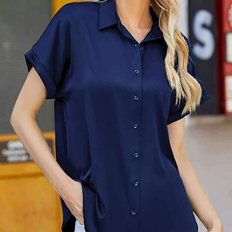 

New Office Lady Shirt Button Silk Blouses Women Summer Short Sleeve Satin Shirt Women Fashion Turn Down Collar Tops Loose Shirt