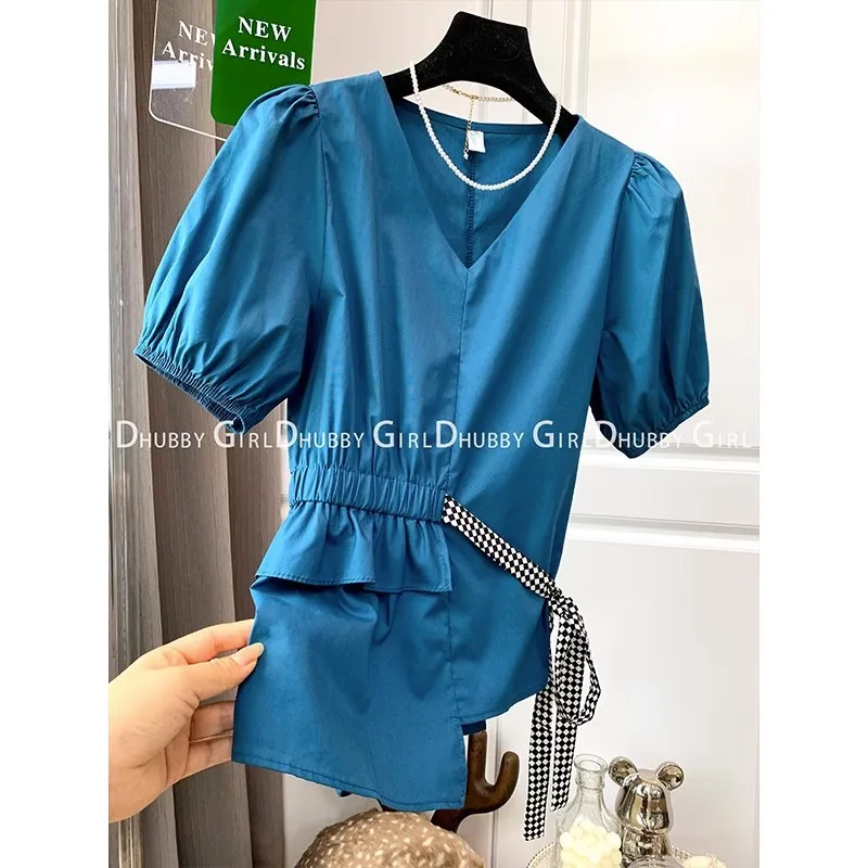 

Blouses Women Retro Elegant Summer Trendy Elastic Waist Ladies Shirts Elegant V-Neck All-match Leisure Women's Clothing