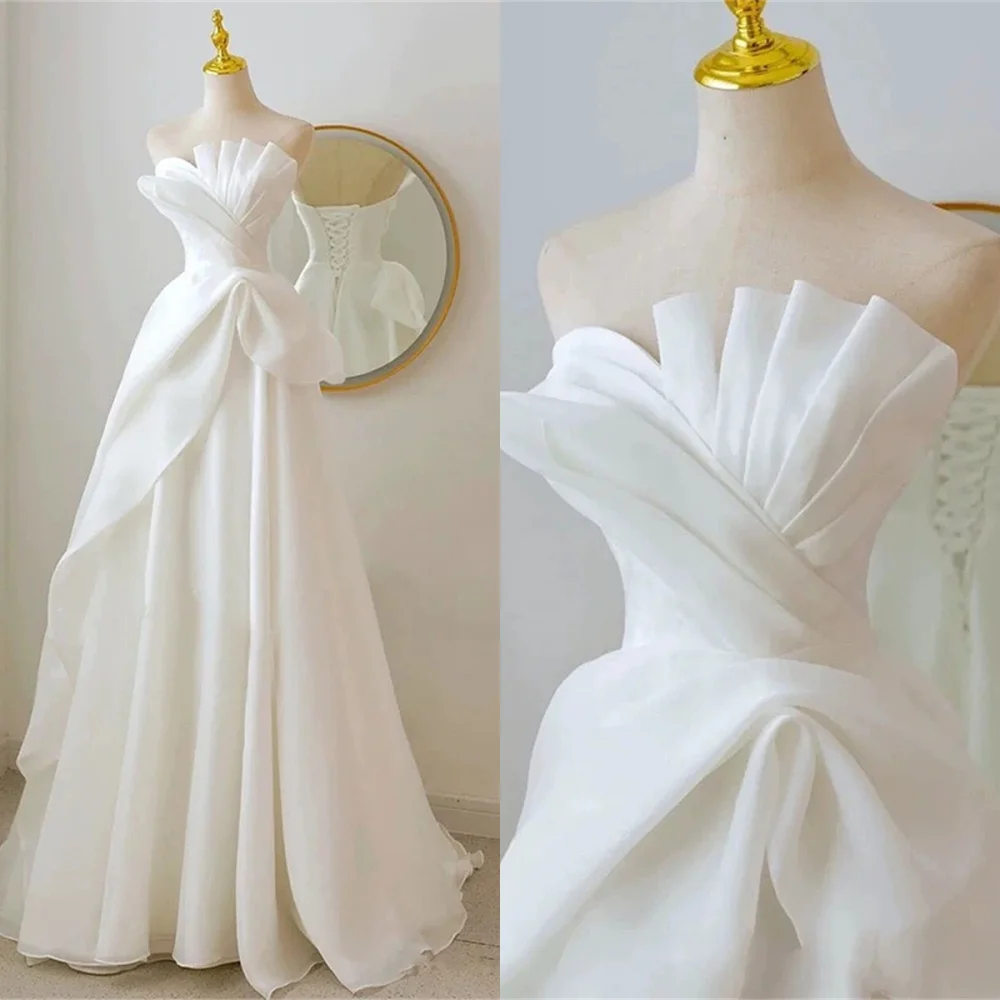Customized Exquisite White Chiffon Evening Dress Temperament Strapless Sleeveless Lace Up Back Sweep Train Homecoming Dress