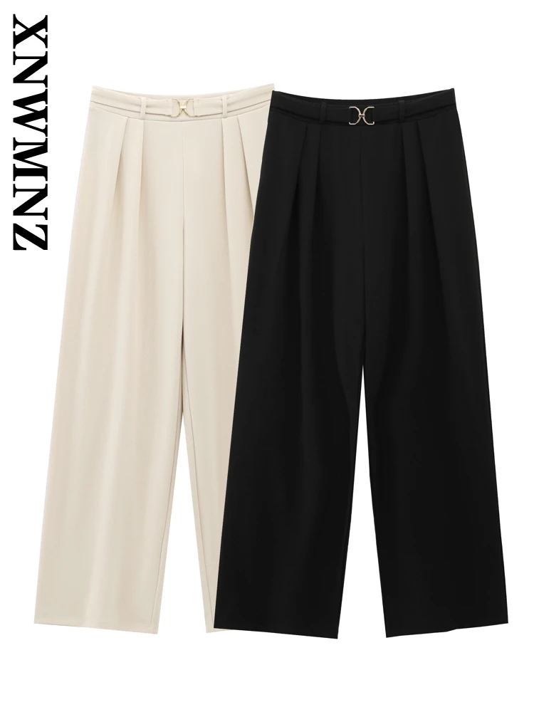

XNWMNZ 2025 Summer New Lady Commuting High Waist Wide Leg Pants Edgy Female Solid Color Bottoms Ruffles Pockets Long Pants belt