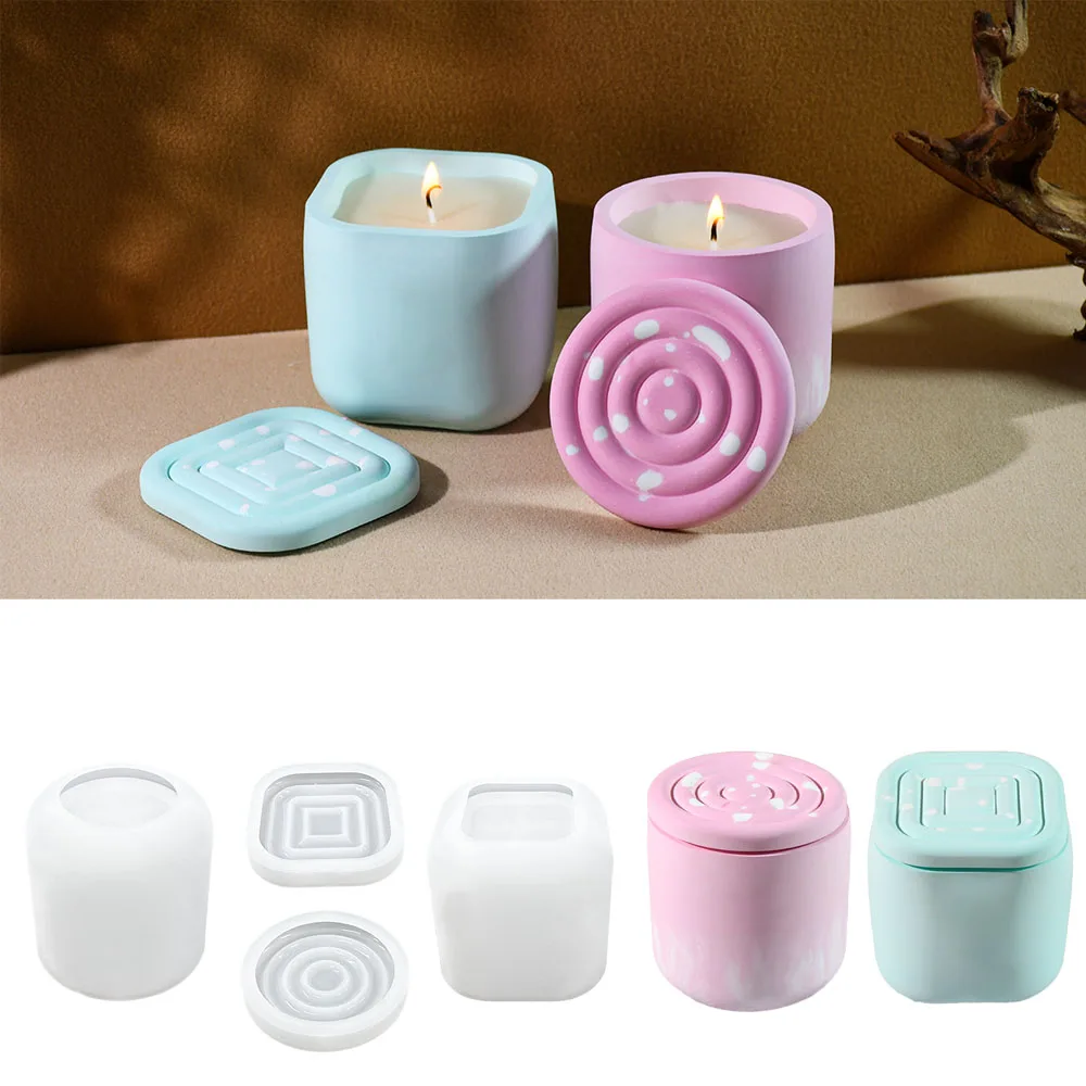 

Round Candle Jar Mold with Lid Concrete Candle Vessel Silicone Mould Cement Plaster Resin Flowerpot Storage Box Craft Molds Tool