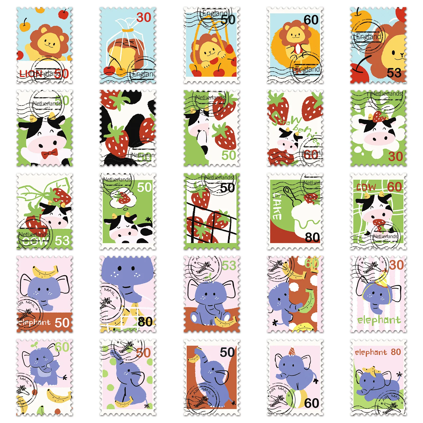 53Pcs/Pack INS Novelty Cartoon Animals Stamp Series Stickers PVC Waterproof Stickers Decals For Kids Boys Girls Toys Gifts