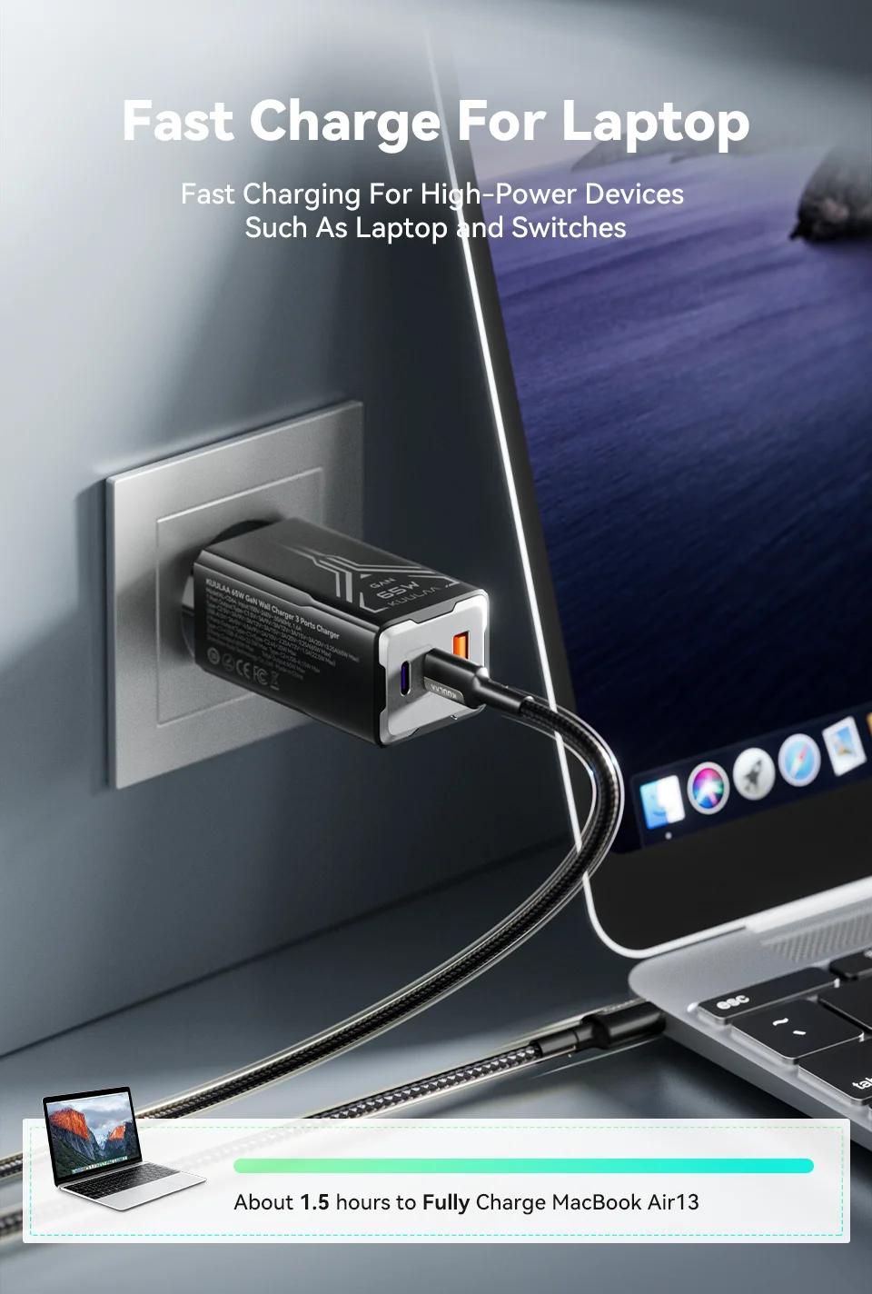 KUULAA 65W GaN Ladegerät Typ C Quick Charge 4.0 3.0 PD USB-Ladegerät für iPhone 16 15 14 Pro Max Schnellladegerät für Laptop PD-Ladegerät – Detail 2