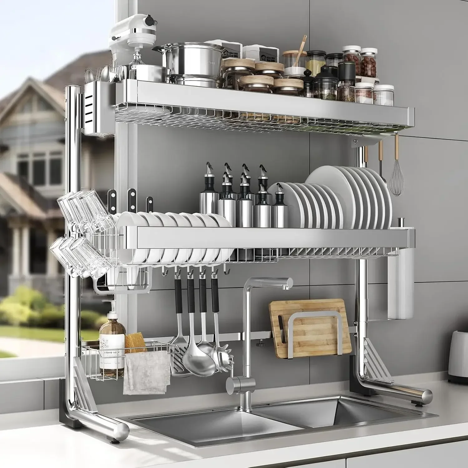 

Over The Sink Dish Drainer Drying Rack 3 Tier, Full Stainless Steel Dish Drying Rack Adjustable Length 20.9''-37.4'', Kitchen Si