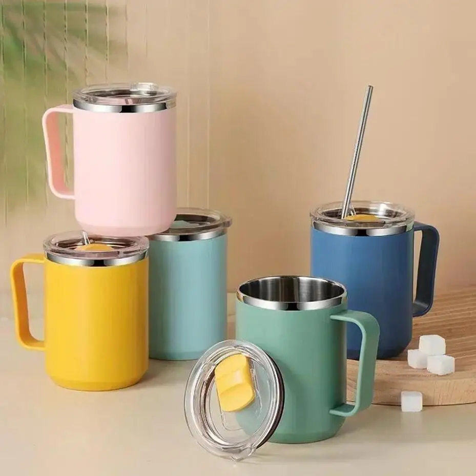 2026 New Portable Leakproof 304 Stainless Steel Coffee Cup 450ml With Lid Handle Straw Practical Office Tea Milk Drinkware Mug