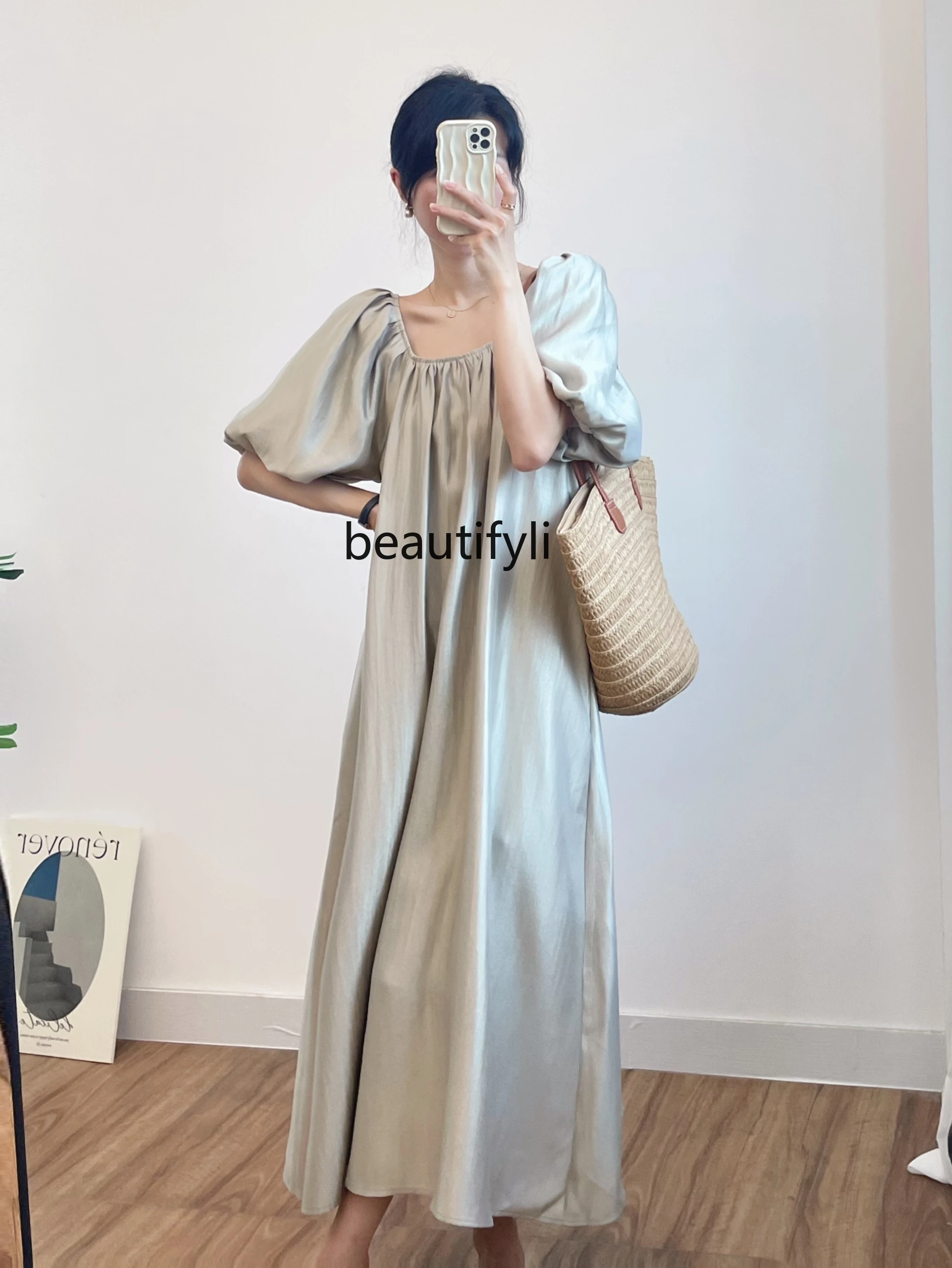 French Style High-Grade Ice Silk Puff Sleeve Nightdress for Women Summer plus Size Sweet Girl Glossy Home Dress Summer