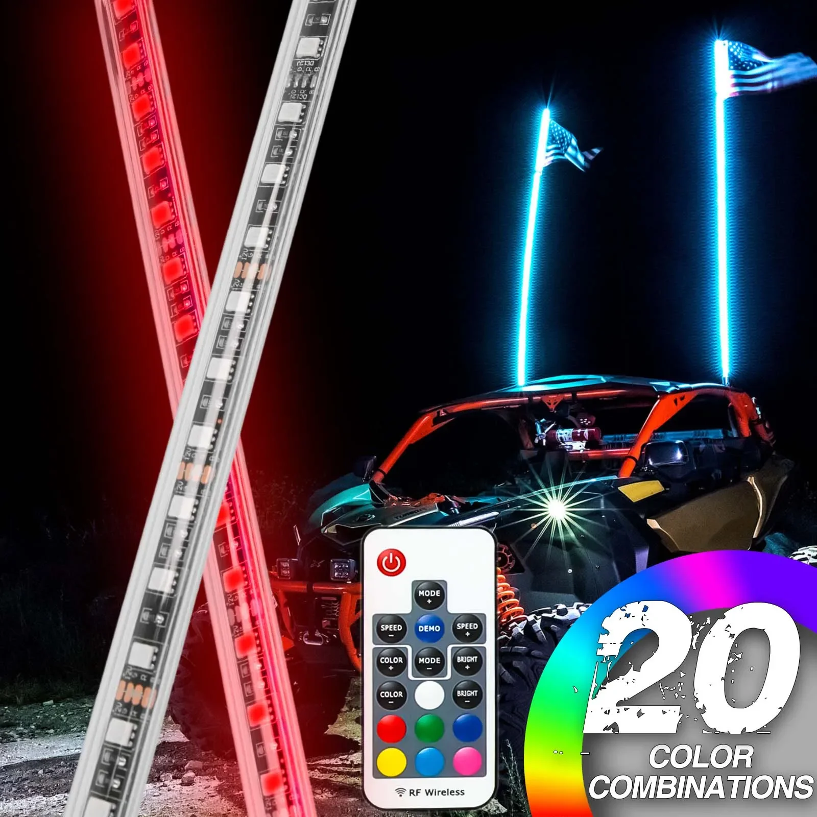 2PCS 4FT 12V Led Flag Light Waterproof Remote Control RGB Color Changing Light Off-road ATV LED Flagpole Light For UTV ATV RZR