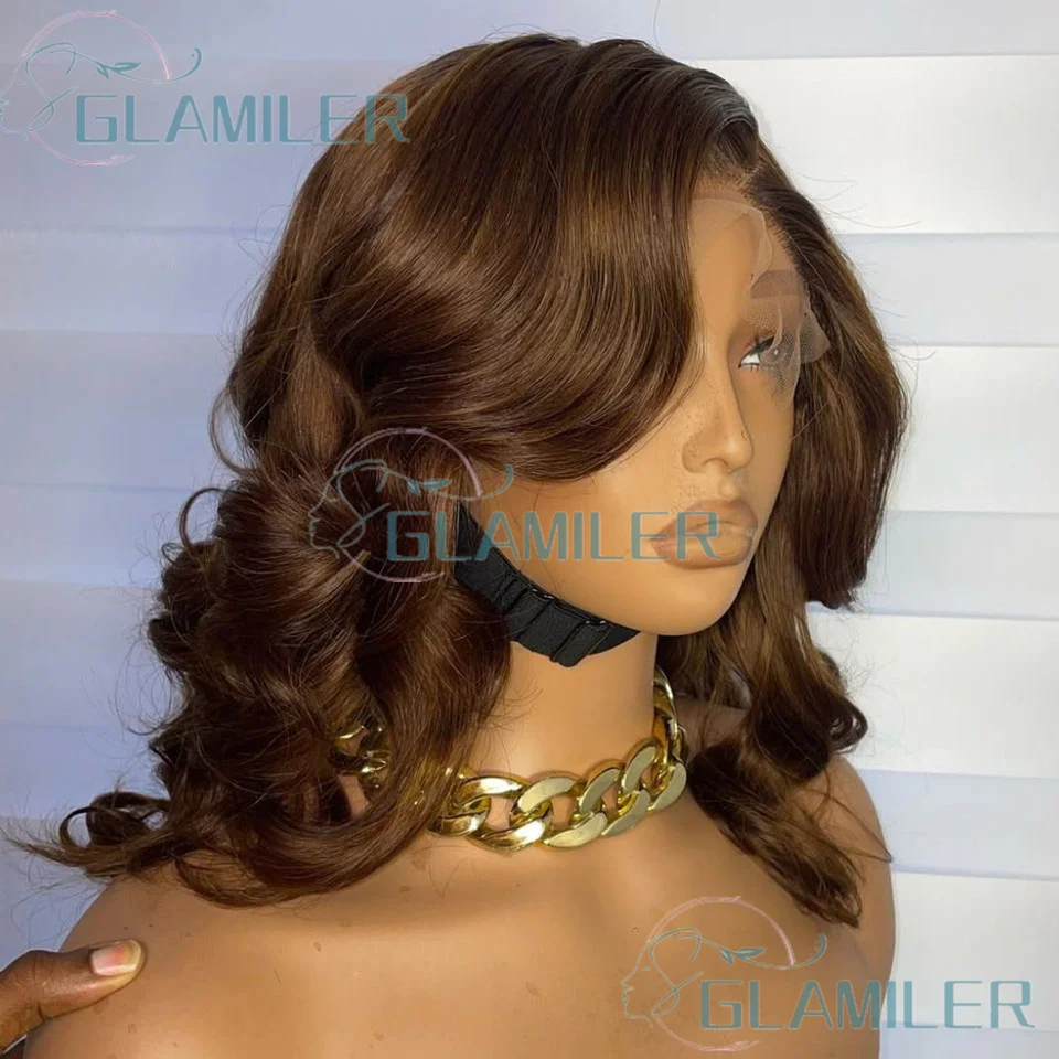 الجانب جزء بني داكن شعر الإنسان الجسم متموج قصير بوب الباروكات قبل قطعها 5x5 الحرير إغلاق الباروكات البرازيلي 360/كامل الدانتيل بوب الباروكات
