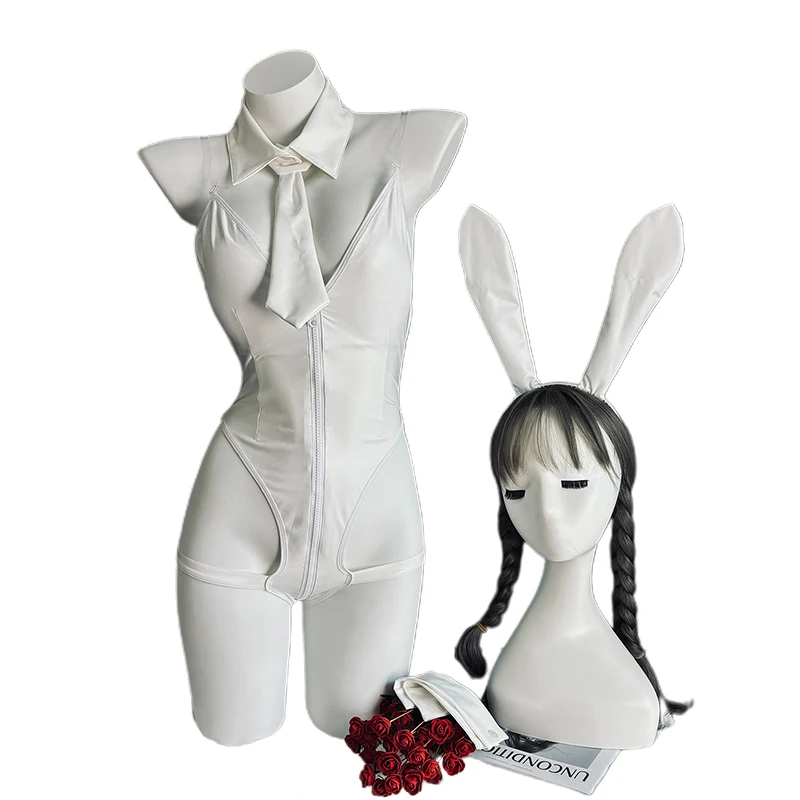 

SENMHS Original Sexy Cute Bunny Girl Cosplay White Faux Leather Zipper Jumpsuit Backless Halloween Temptation Anime Lingerie