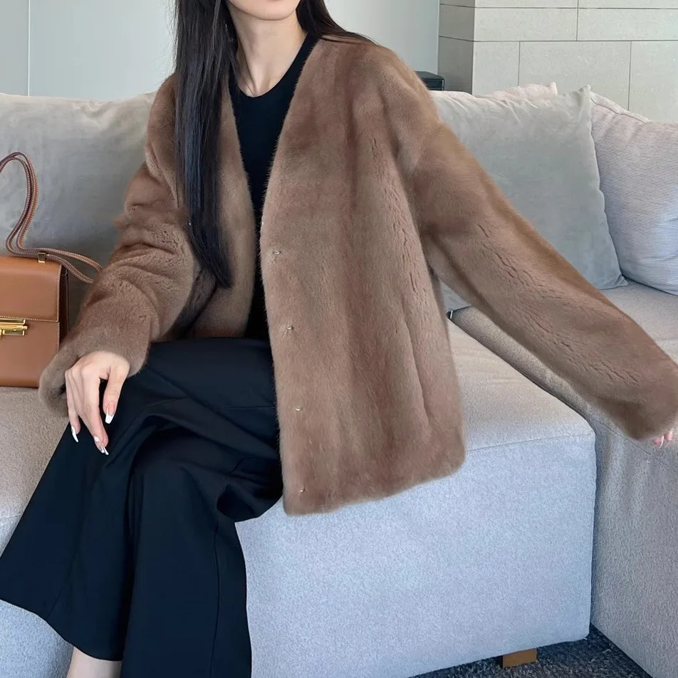 Mink Fur Women's Fashion V-Neck Blue Mink Fur New Imitation Mink Fur Jacket 2025 New Item