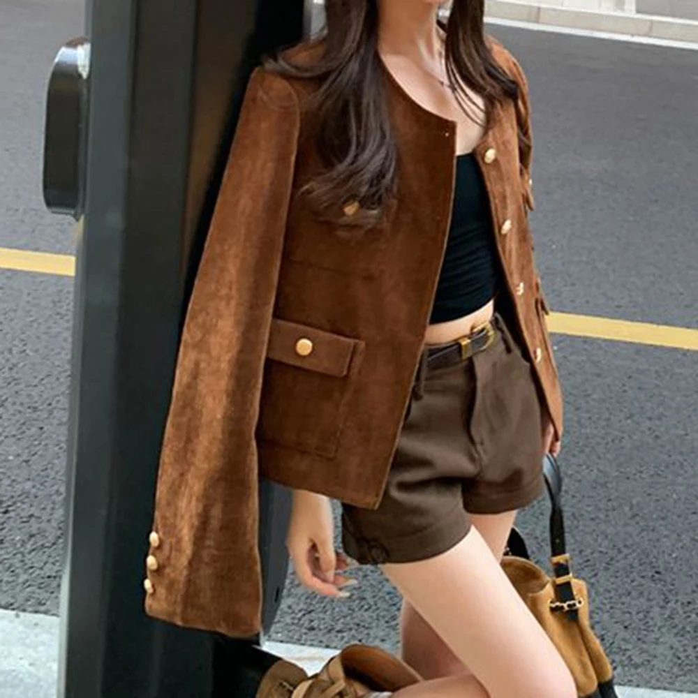 

Xiaoxiangfeng retro coffee short coat women's autumn fashion high sense thickened loose temperament top