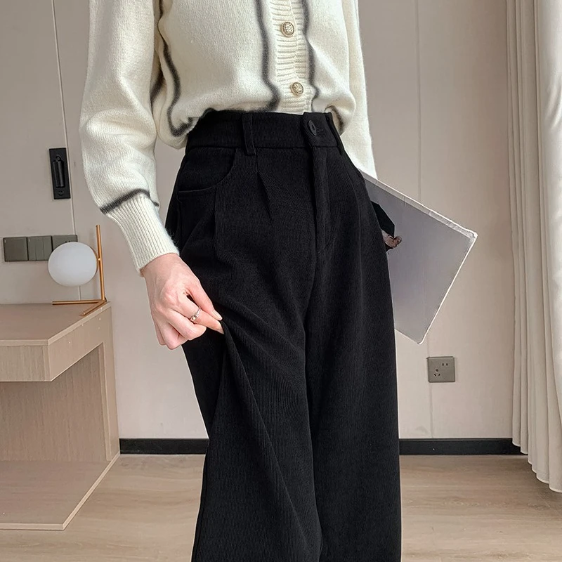 الخريف الشتاء عالية الخصر المخملية المرأة بنطال ذو قصة أرجل واسعة جيوب 2025 جديد زر واحد الكورية بناطيل فضفاضة غير رسمية الإناث #5