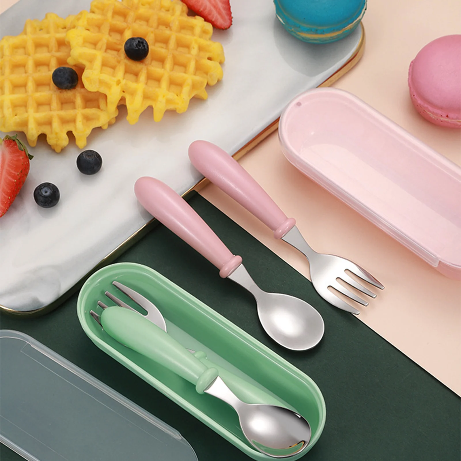 

3Set Toddler Utensils Kids Spoon Fork Stainless Steel ABS Handle Lightweight Durable Baby Feeding Supplies Storage Box