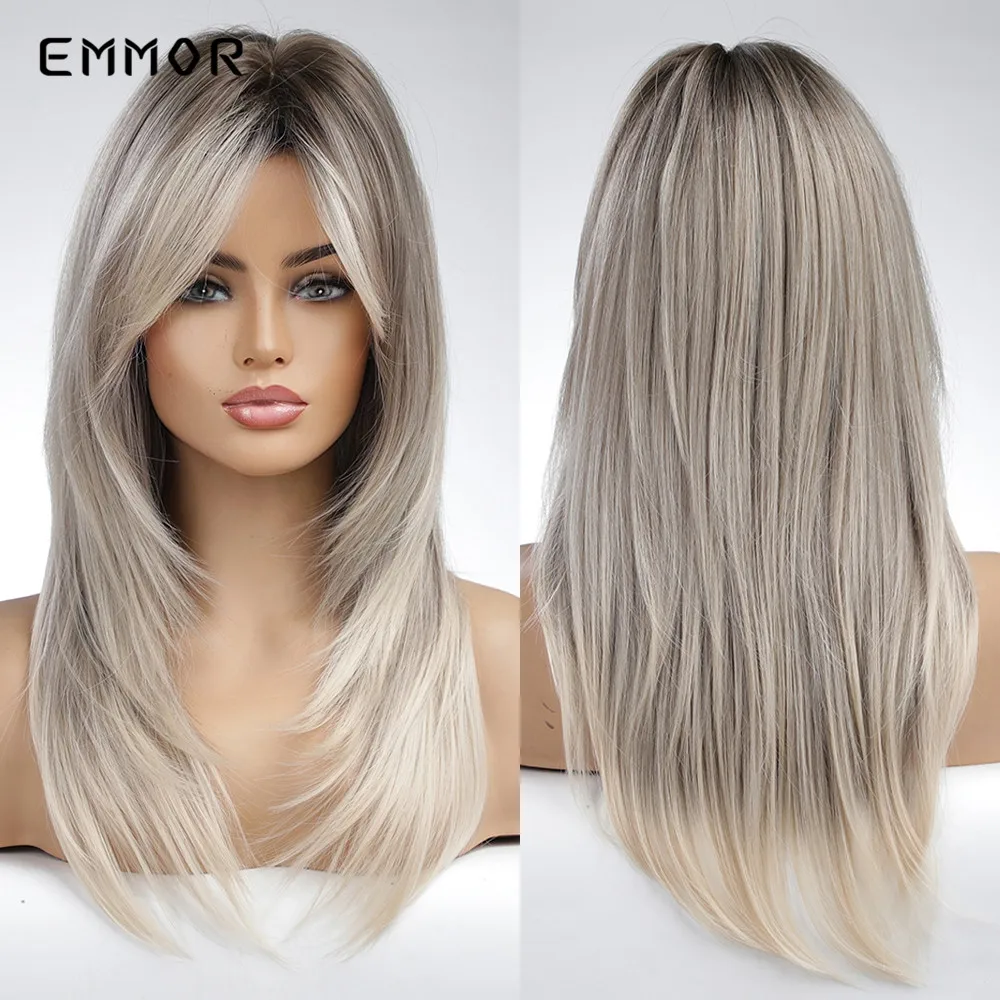 Emmor Synthetic Fashion  Wig  for Women Ombre Dark Brown to Platinum Hair Wigs Heat Resistant Fiber Wigs