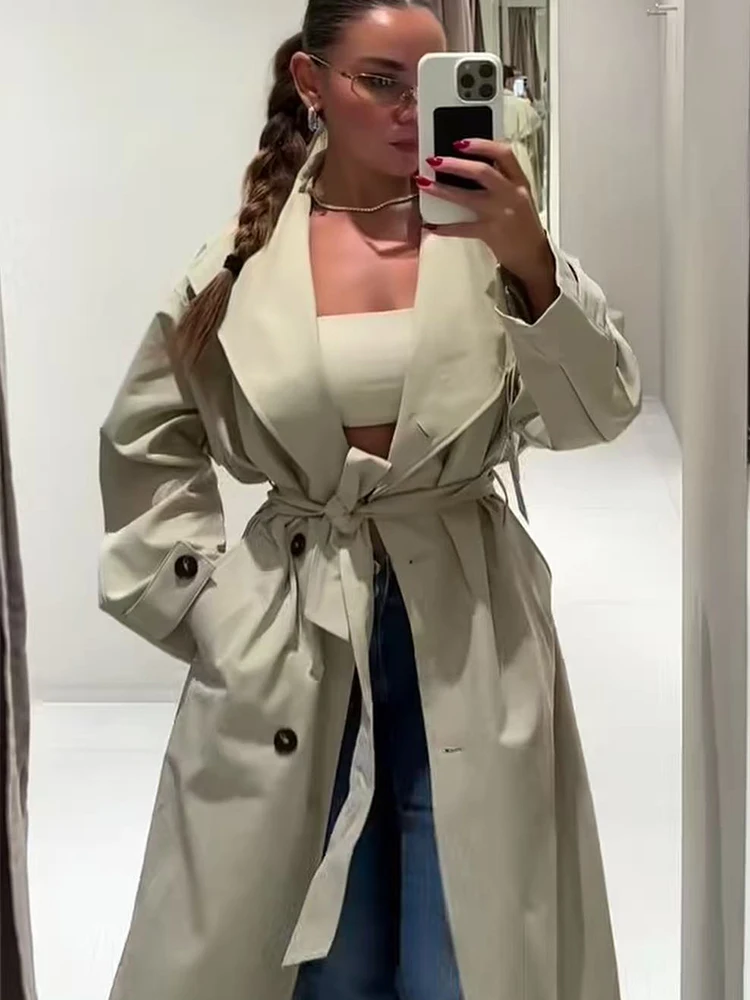 Women Long Trench Coat Classic Retro Loose Outerwear Belted Waist Autumn New Button Up Jacket Fashion Casual Lady Streetwear