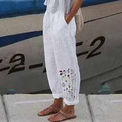 Letnie spodnie plażowe damskie wysokiej talii kwiatowy Print Cotton Linen luźny długi, szeroki spodnie nogi proste spodnie damskie spodnie Pantalon