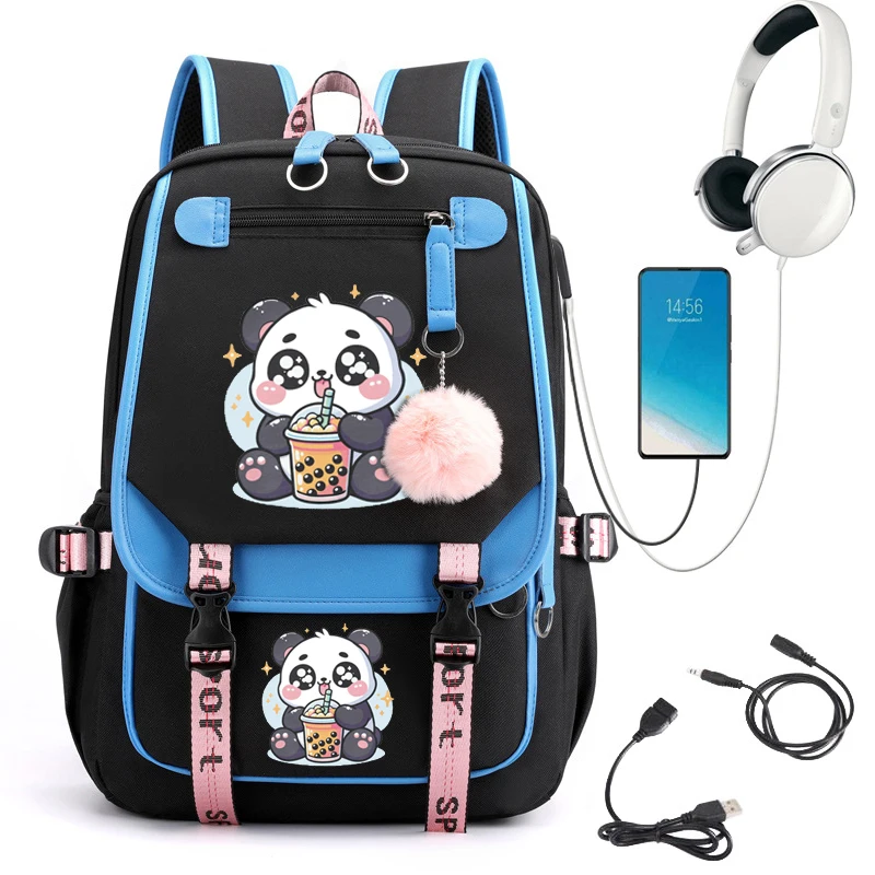 Plecak dla studentów codzienna torba na ramię Panda herbata Boba z Anime Kawaii torba na laptopa z modą podróżną plecak z Usb na laptopa