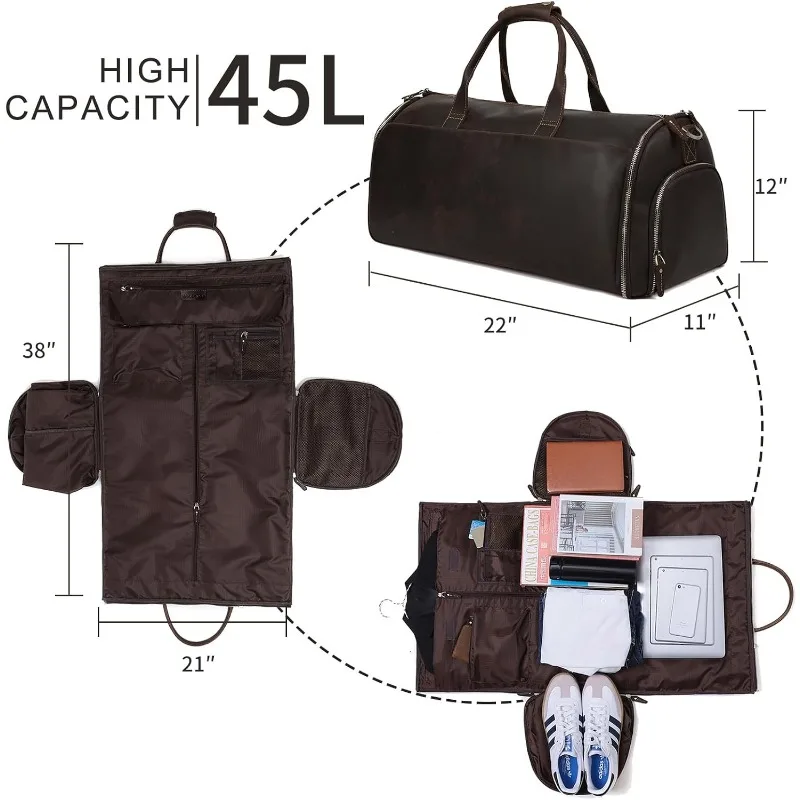 Podróż z pokrowiec na buty, pełne ziarno skórzana torba dla mężczyzn, 2 w 1 wiszące walizki garnitur podróżna torba biznesowa, prezenty dla mężczyzn
