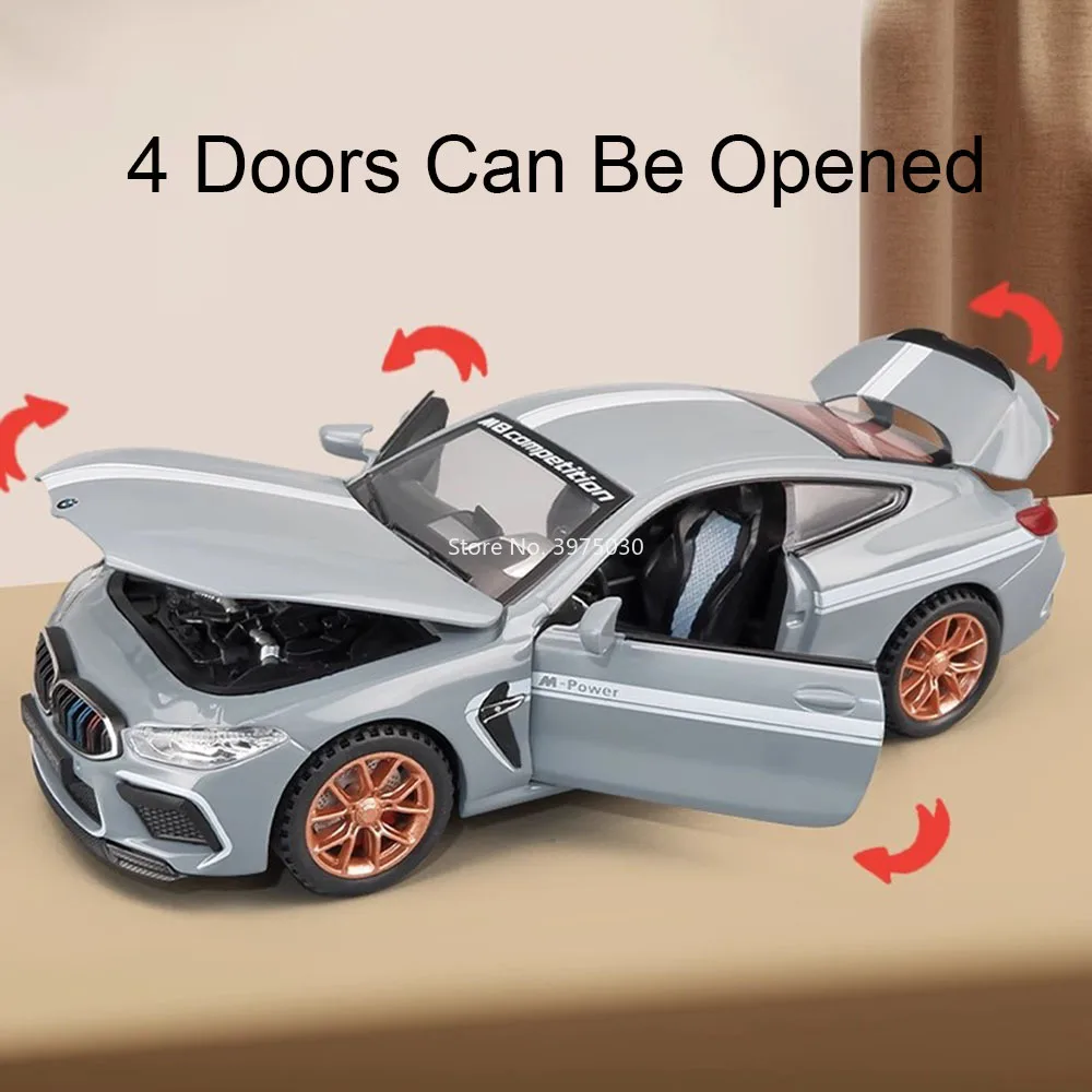 1:32 BMW M8 Toy Alloy Cars Diecast Model Wheel Pull Back Vehicle with Light Music Miniature Sports Car for Boys Decoration Gifts