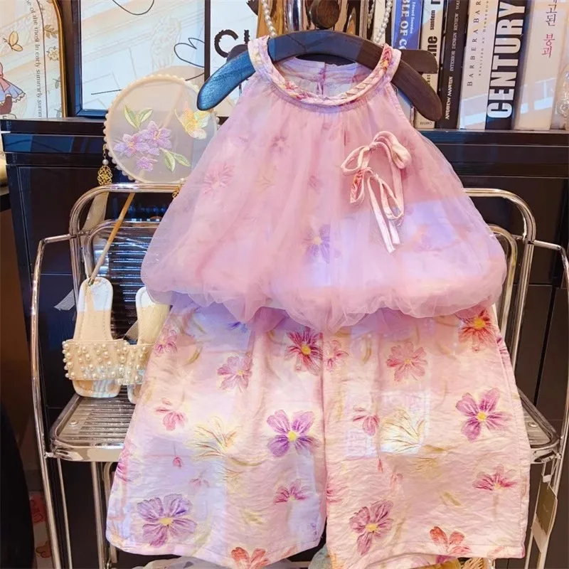 

TOY-Girls Suit2025Summer New Style Baby Girl Mesh Vest Top Floral Wide-leg Pants Two-piece Set Trendy
