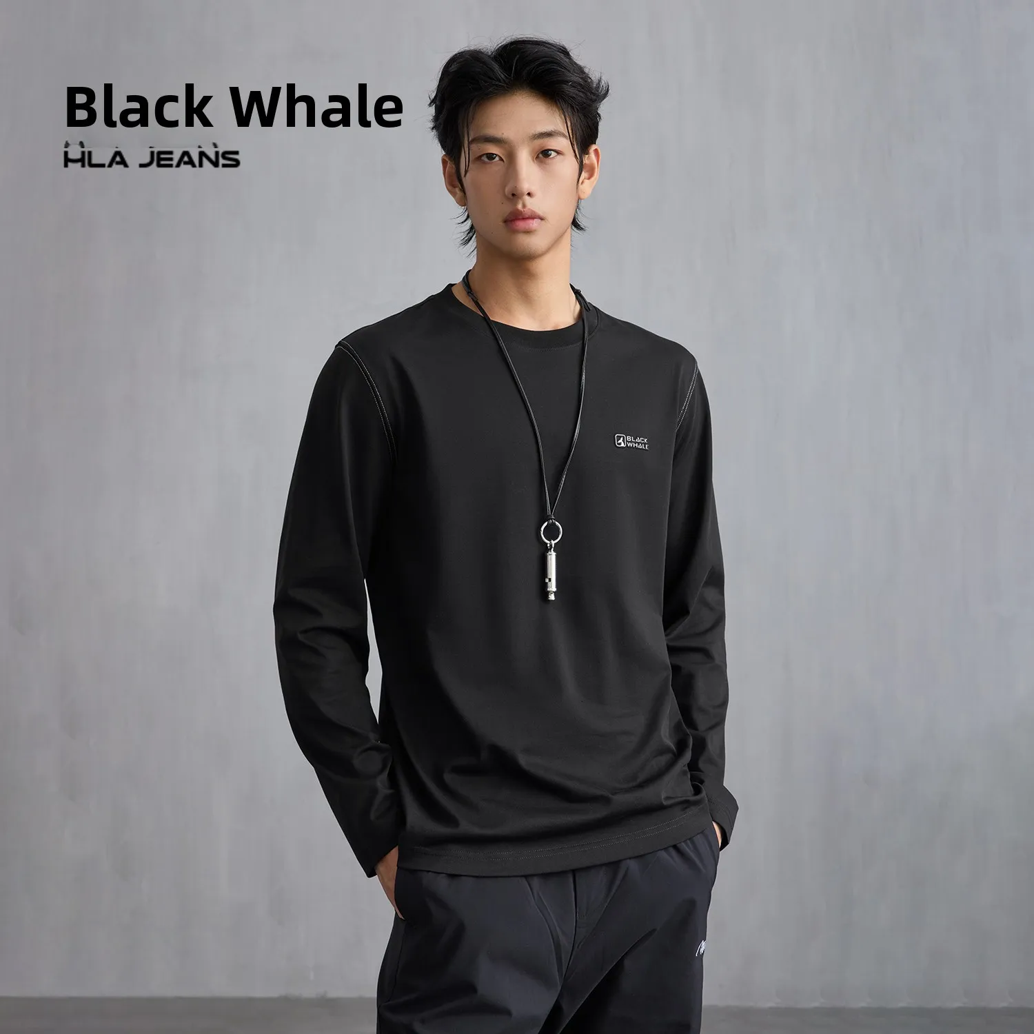 Hailan Home Black Whale Tail Print Long Sleeve T-Shirt Men's Spring New round Neck Base Shirt Cotton Polyester Blend Fashion ...