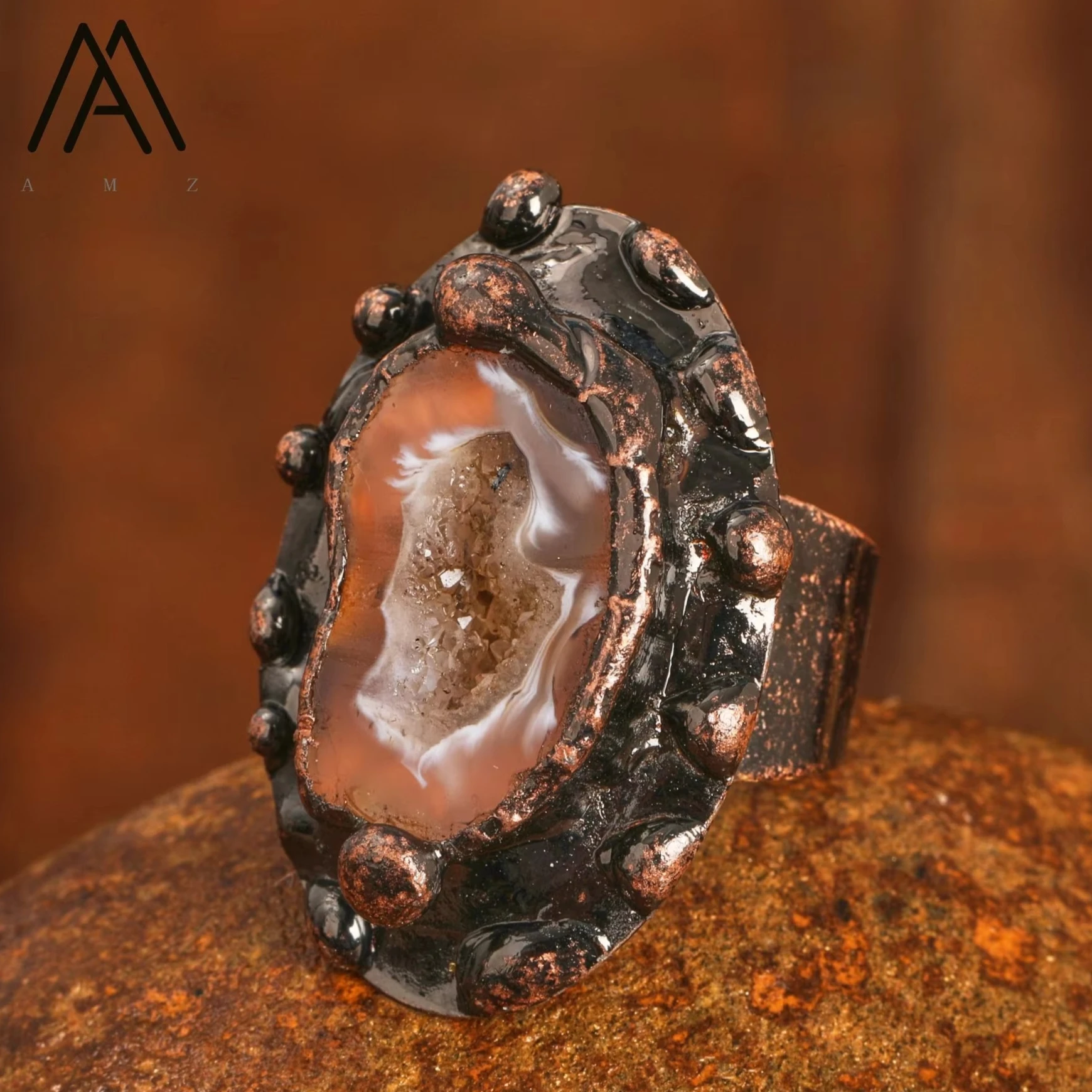 

Винтажное кольцо ручной работы из латуни с бронзовым покрытием и персидским агатом, регулируемое, унисекс, для женщин, подарок на вечеринку