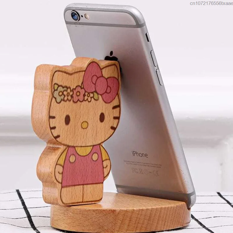 Sanrio Hello Kitty Cute Cartoon Mobile Phone Holder Y2k Girl Bedhead Desktop Support Solid Wood Phone Stand Lazy Live Necessary