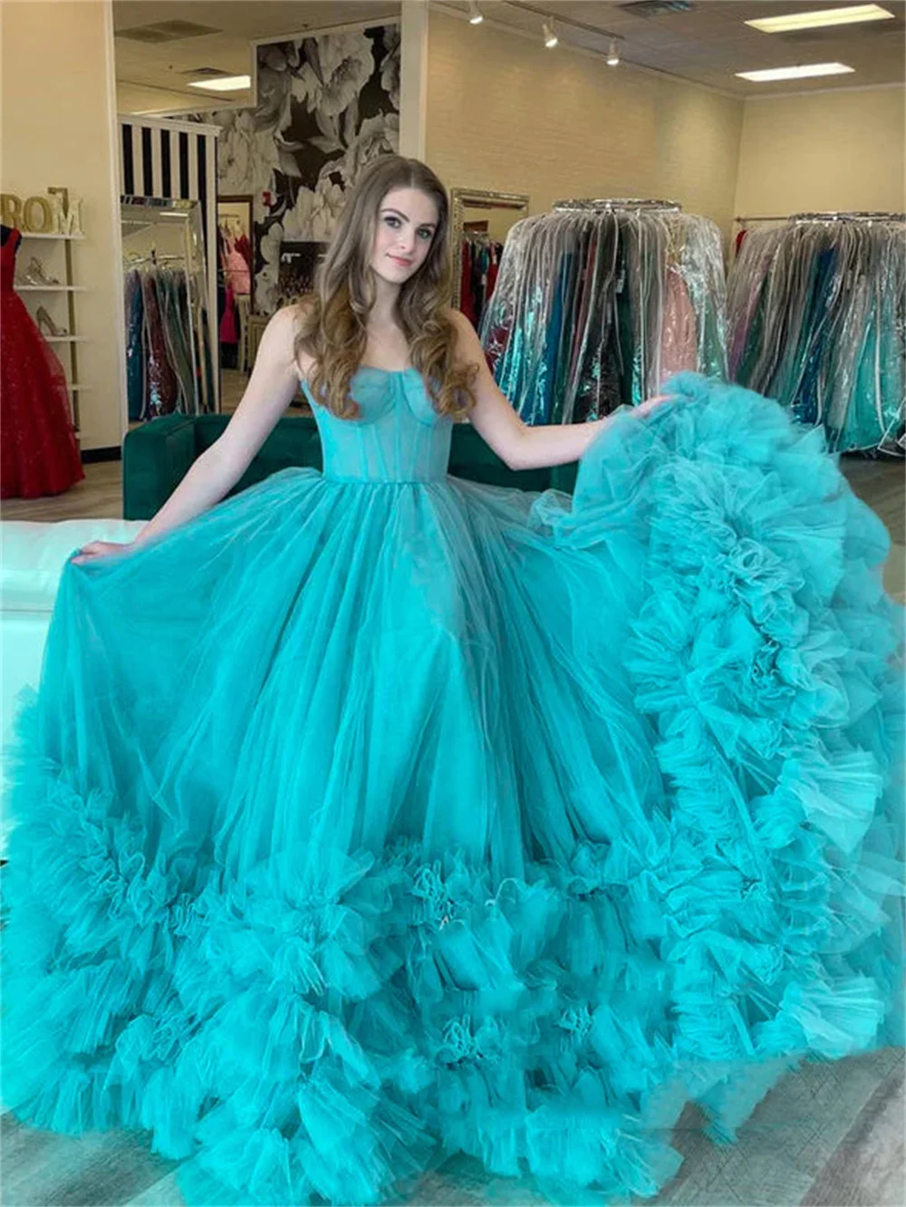 Annie Sexy Strapless Prom Dresses Handmade Organza Ruffles Vestidos De Fiesta Elegantes Para Mujer 2024 Blue Graduation Gown