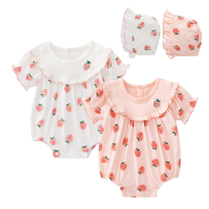 

Summer Short Sleeve Newborn Baby Bodysuits Agaric laces Girl Jumpsuit Strawberry Print Girls Onesie Clothes