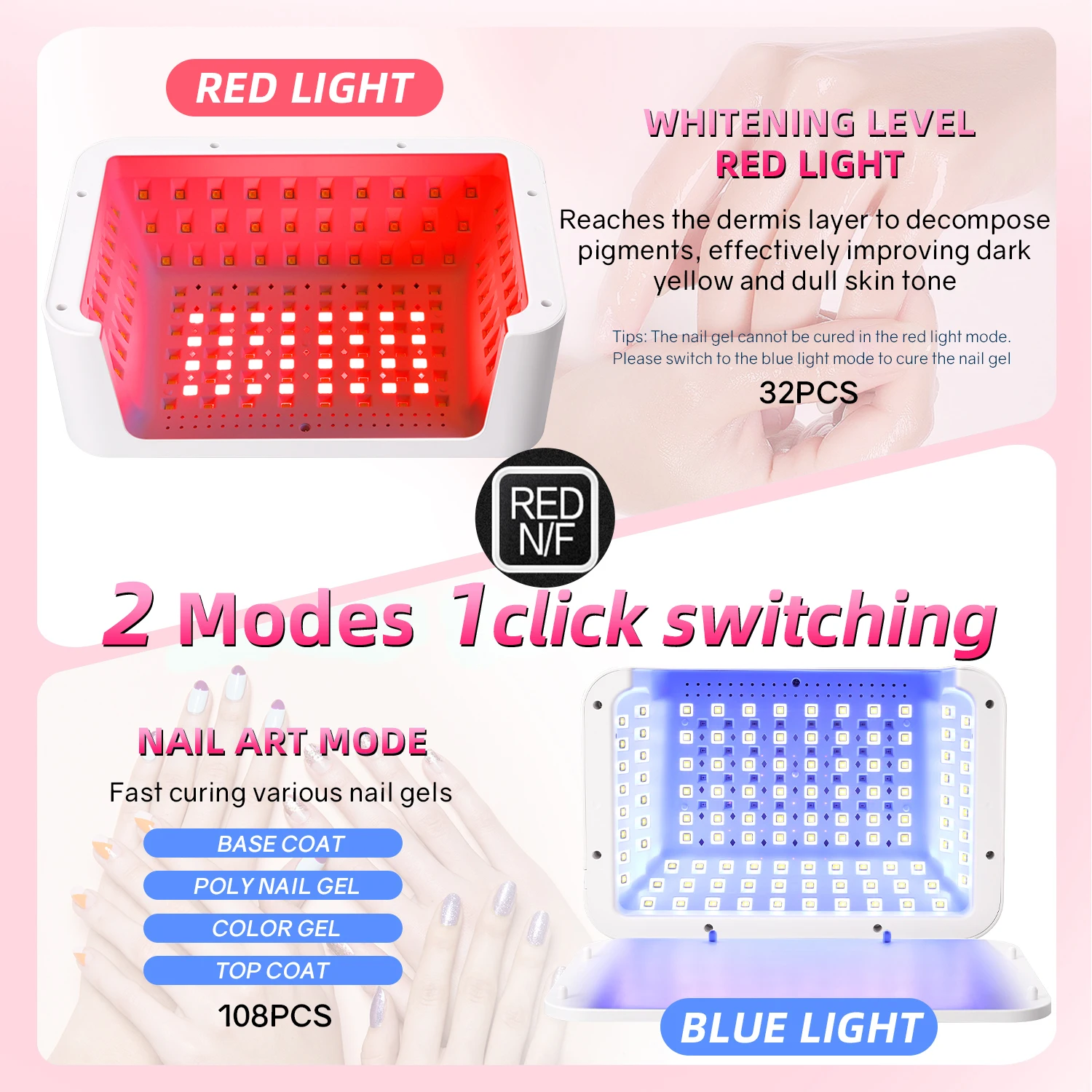 Lampada per unghie UV LED da 480 W per polimerizzare lo smalto gel Lampada per unghie professionale 140 LED con 4 impostazioni timer Funzione di sbiancamento Strumenti per saloni