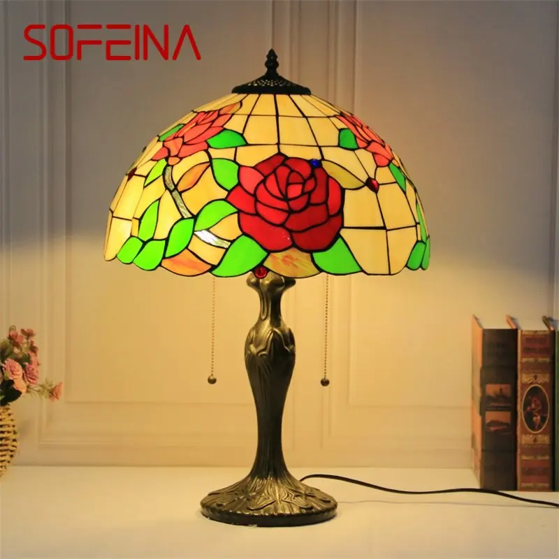 

SOFEINA Tiffany Glass Table Lamp LED Vintage Fashion Simple Rose Desk Light Decor For Home Living Room Bedroom Bedside