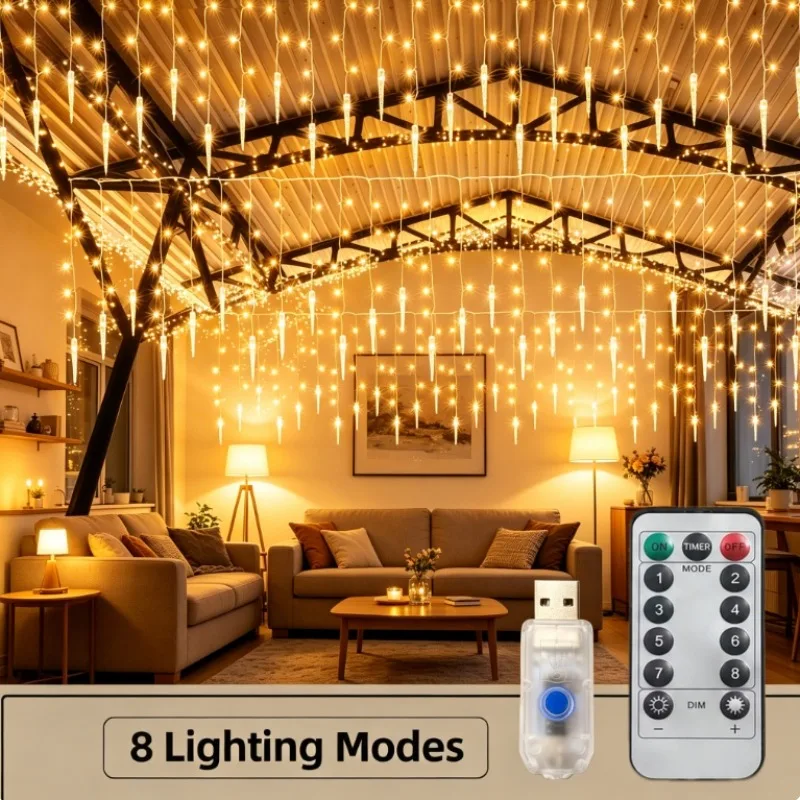 96/162LED Christmas USB Powered Icicle Curtain Lights,Remote control with 8 lighting modes,for Indoor Xmas Party Holiday Decor