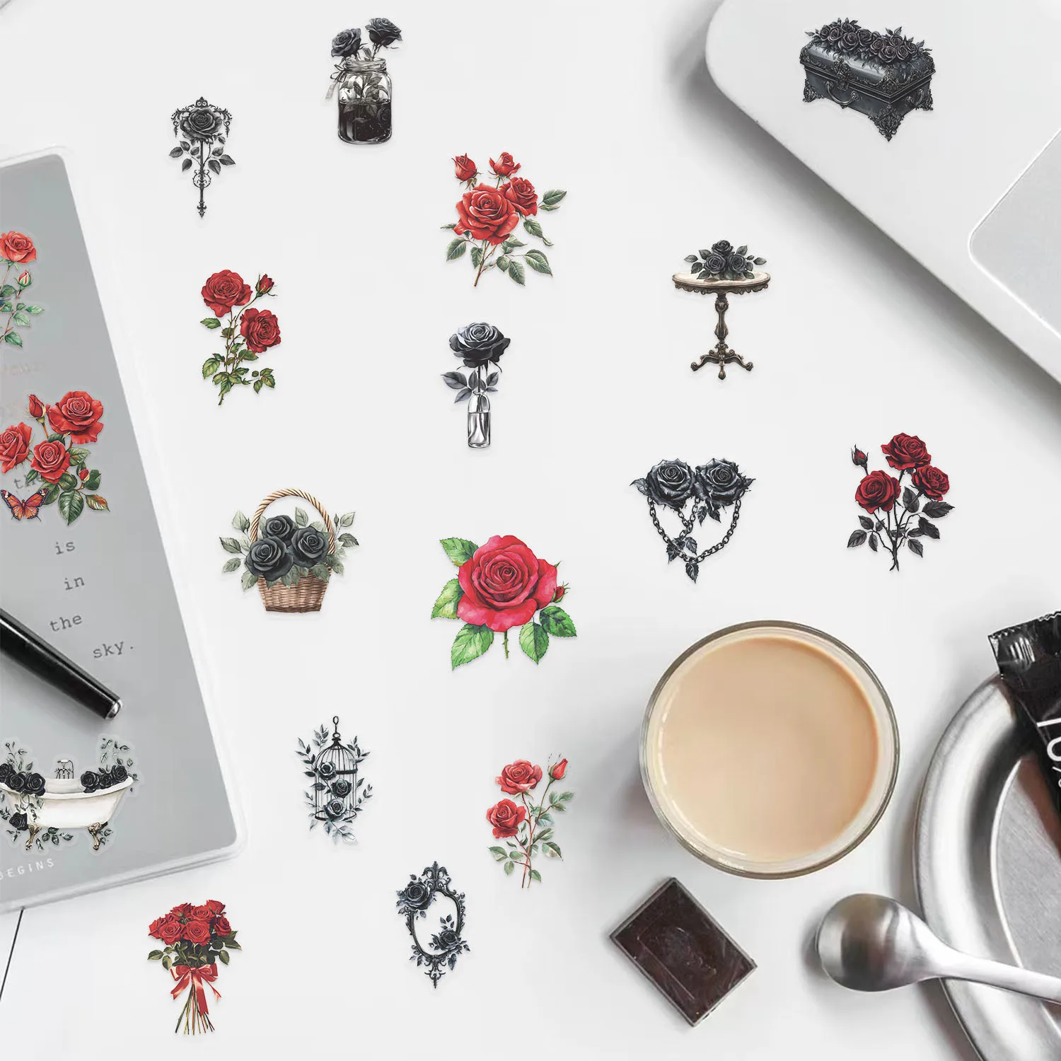 100/200 PCS Dunkel/Rote Rose Aufkleber DIY Notebook Schreibwaren Stift Halter Abnehmbare Dekor Telefon Gitarre Transparente PET Aufkleber