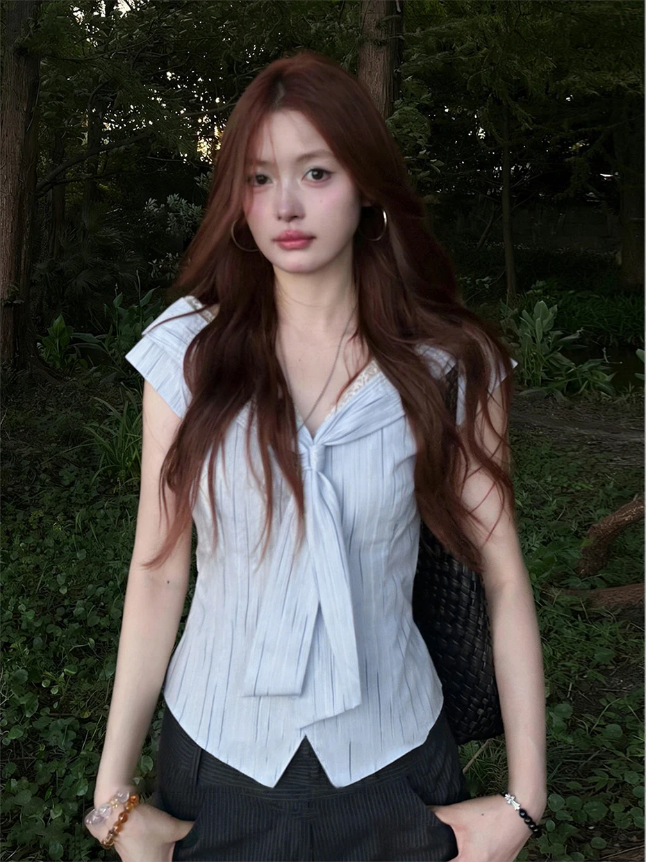 

Korean Style V-Neck Short Sleeve Lace Trim Blouse Women's Summer Slim Fit Blue Shirt School Uniform Style Casual Wear