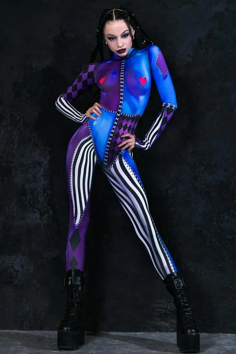 Cosplay Costume Women Clown Catsuit Jumpsuit Halloween Sexy 3D Printed Holiday Carnival Zentai Bodysuit Female Cosplay Outfit