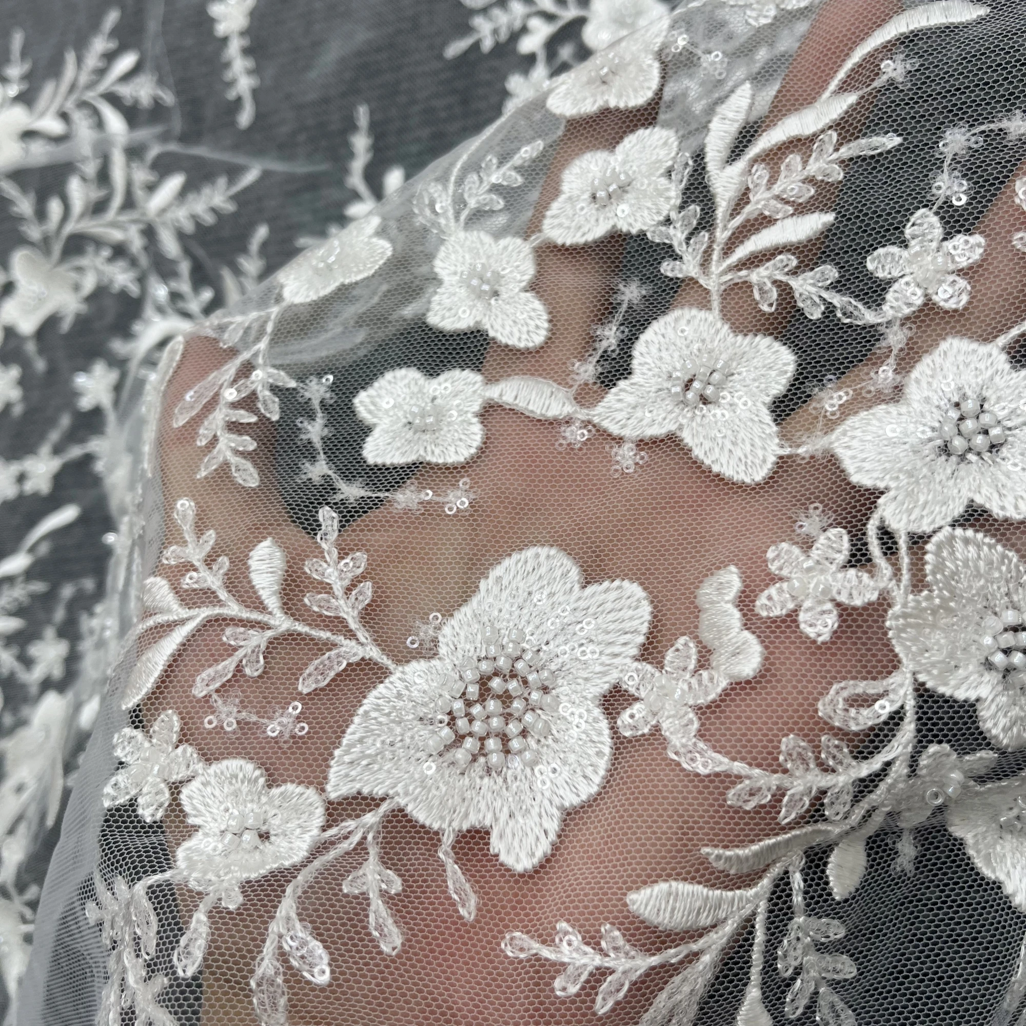 Delicate Sequins Beads Embroidery Lace Fabric Suitable For Private Customized Women\'s Clothing Wedding Dresses