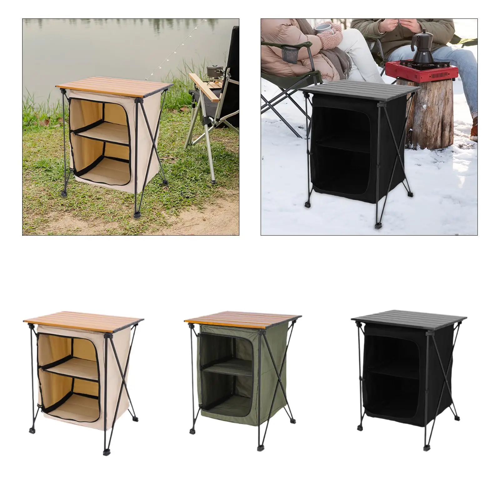 

Folding Camping Storage Cabinet Cooking Table Easy Set up Lightweight 2 Tier Storage Organizer for BBQ Kitchen Picnic Outdoor