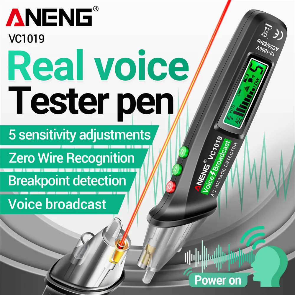 

ANENG VC1019 12V-1000V Intelligent Voice Broadcast Tester Pen Electric Wire DetectorInfrared Sensor Positioning Voltage Tester ﻿