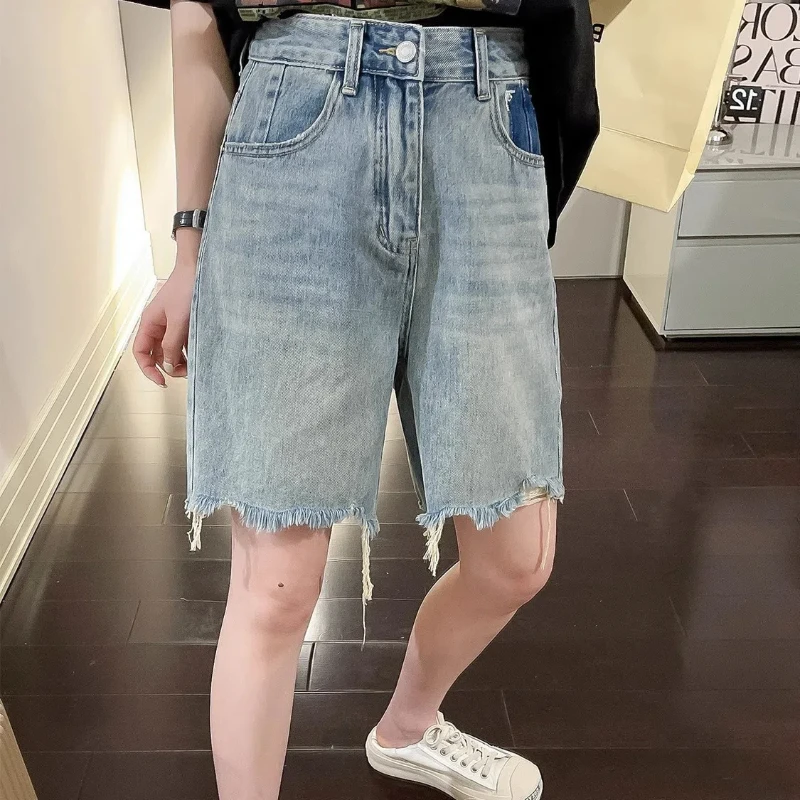 Korean Commute Summer Jeans Women's High Waist Button Pockets Distressed Tassel Loose Straight Casual Denim Knee Length Shorts